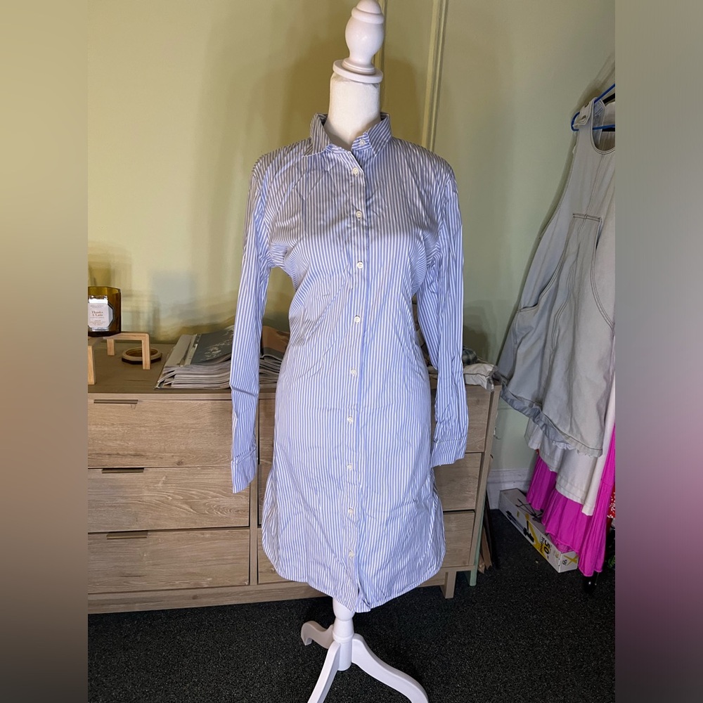 ANN TAYLOR Blue & White Seersucker Stripe Wrap Button Down Modest Midi Dress M - Picture 8 of 16